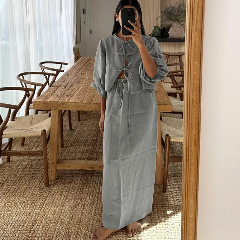 2026 Vintage Leinen 2-Teiliges Set: Bluse mit Bindedetail und Puffärmeln + Maxirock, Boho Sommer-Outfit für Damen – Detail 6