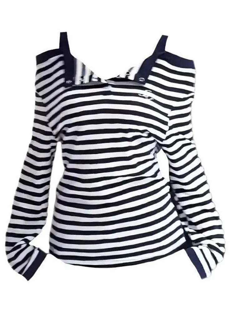 Sexy Striped Off Shoulder T Shirt Woman Navy Blue Turn Down Collar Basic Tees Loose Casual Long Sleeve Fall Spring Outwear Top