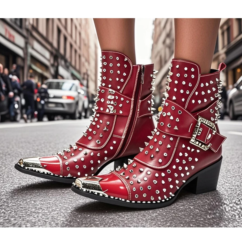 Men's Pointed Toe Rivet Leather High Heel Boots Fashion Personality Singer Model Style Autumn Winter Footwear