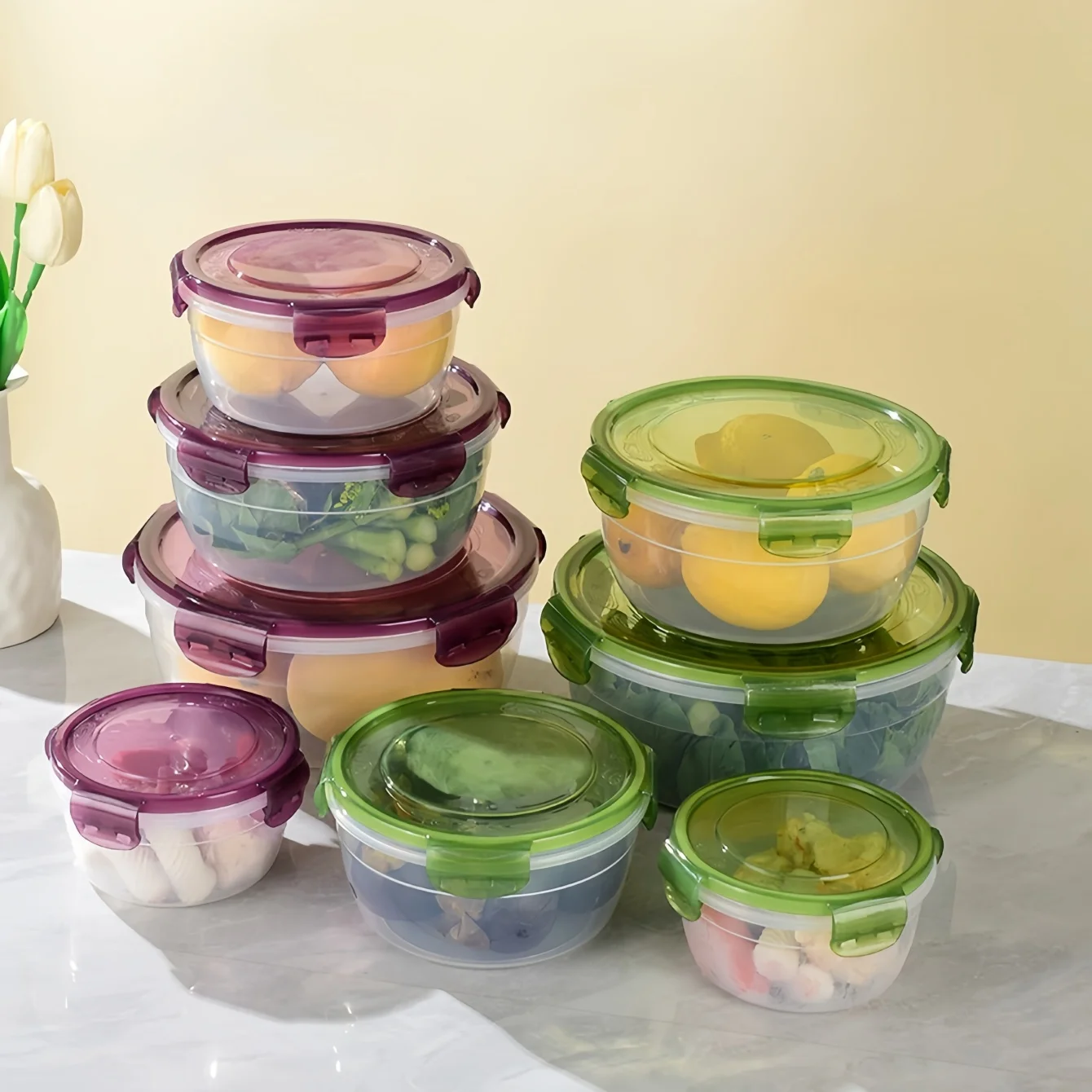 4 Stück Kunststoffschalen mit Deckel, auslaufsicherer Aufbewahrungsbehälter für die Zubereitung von Lebensmitteln, Bento-Box, mikrowellengeeignete runde Lunchboxen