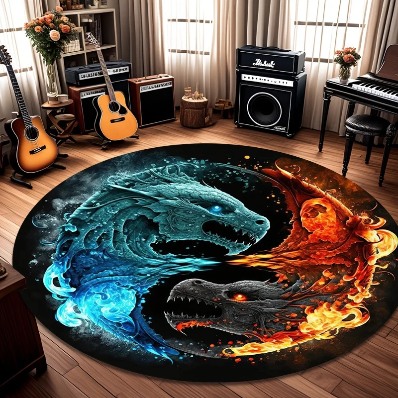 Ice Fire Dragon Yin Yang Round Area Rug, Fantasy Creature Circular Floor Mat, Living Room Indoor Decor