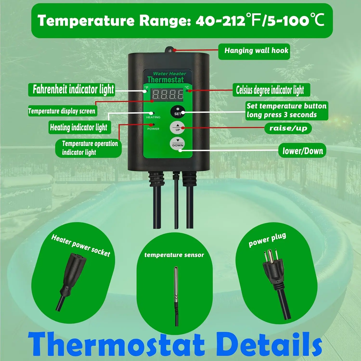2000W Immersion Water Heater with Temp Control& GFCI to Various Pools/Tubs