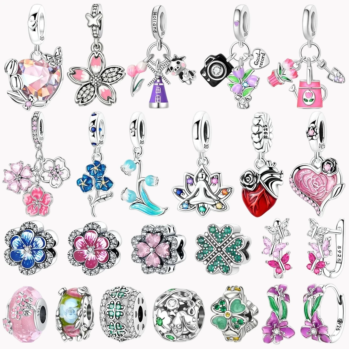 

Romantic 925 Sterling Silver Cherry Blossoms Charms Bell Orchid Four Leaf Clover Beads for Women Bracelets Necklace Jewelry Gift