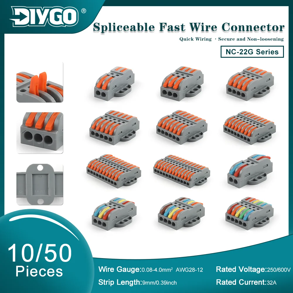 Spliceable Fast Wire Connector 10/50Pcs Push-in Lever Terminal Block AWG28-12 32A 250/600V Electrical Cable Junction Connector