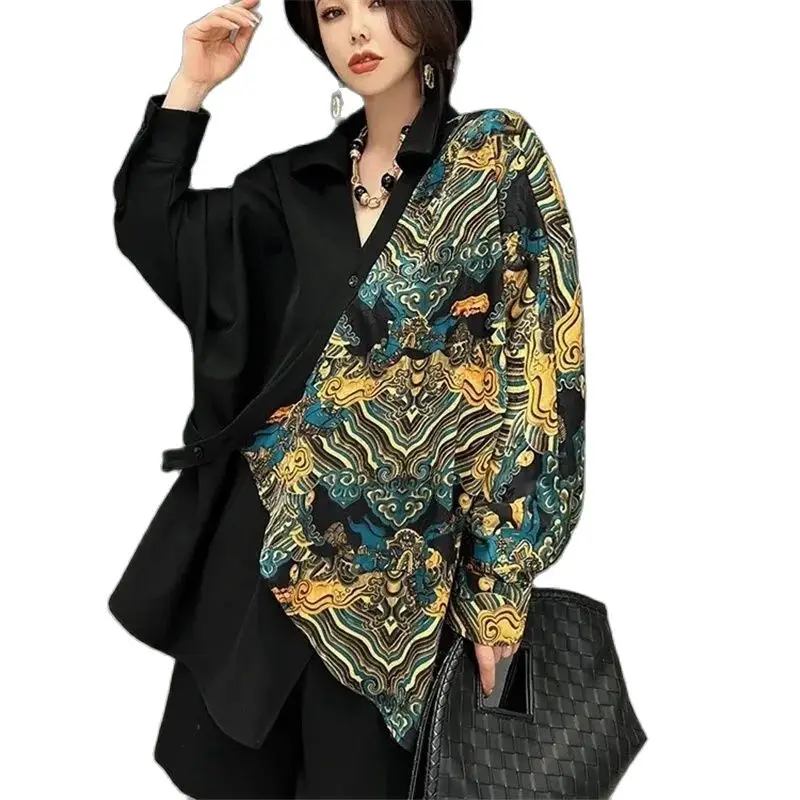 Thin 2024 Spring Summer New Fashion Shirt V-Neck Join Together Loose Temperament Cardigan Printing Blazer Overcoat Female