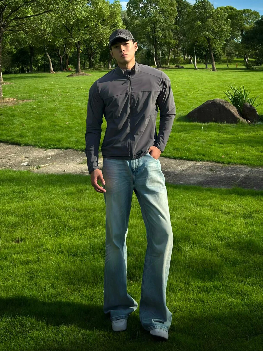 

Light Blue Men's Straight Leg Jeans High Street American Vibe Waed Outleg Lengthening Micro Flared Denim mid High Waist