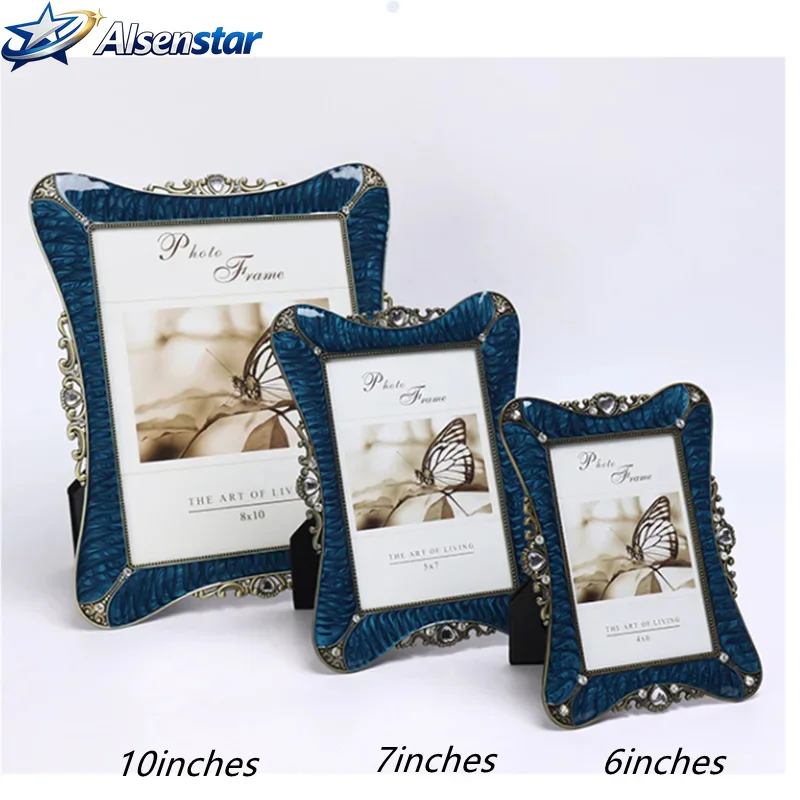 Family photo frame fashionable 6/7/10 inches, bronze+blue metal retro photo frame, home decoration XY081