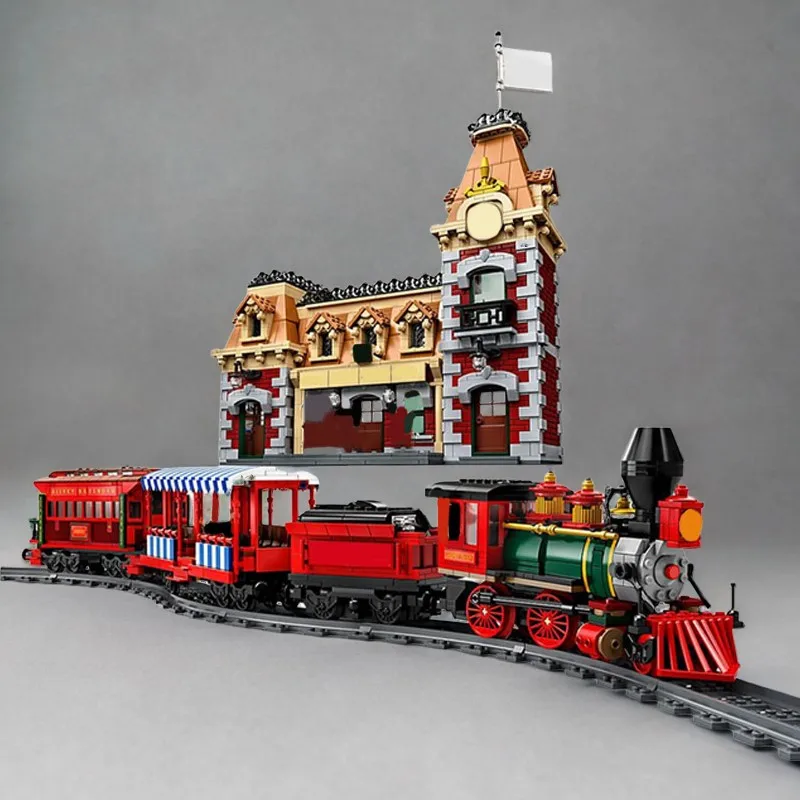 2927PCS MOC Disneyland Train and Station Assembling Building Blocks Train Station Model Educational Toys Gifts Ornaments
