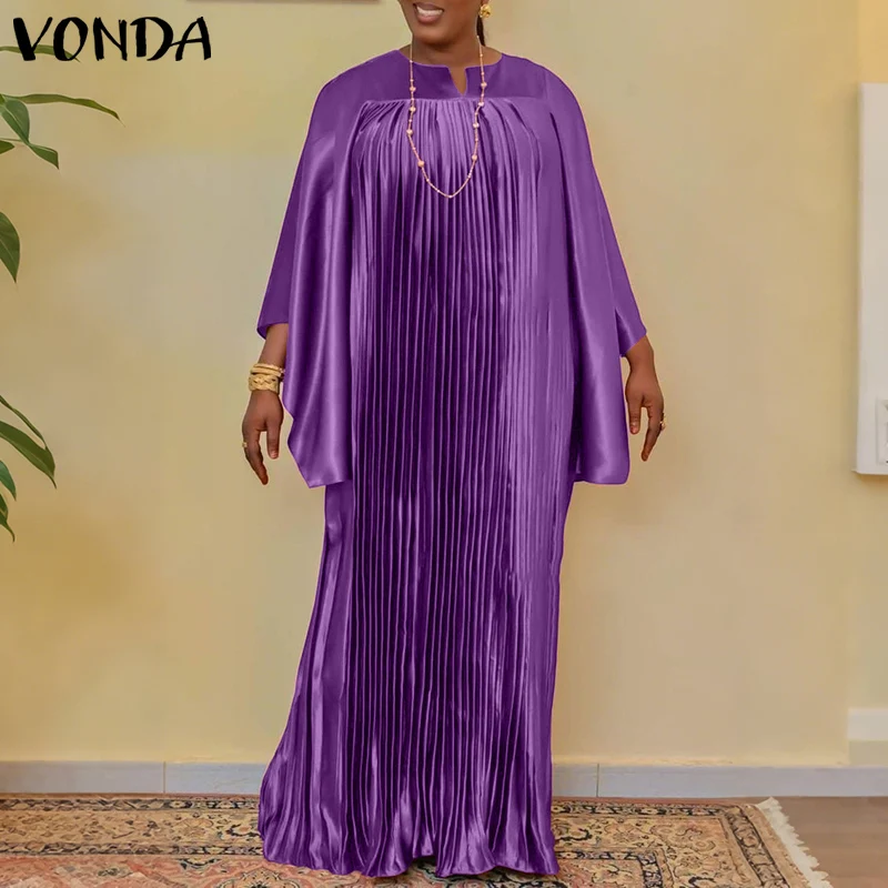 VONDA Большие размеры 5XL Женские элегантные платья для свадебной вечеринки с длинным рукавом «летучая мышь» плиссированные макси-халат с рюшами однотонные атласные шелковые длинные платья