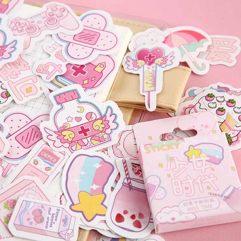 46 Uds. Mini pegatina de papel rosa para decoración Diy Ablum álbum de recortes diario etiqueta adhesiva Kawaii pegatinas de papelería japonesas
