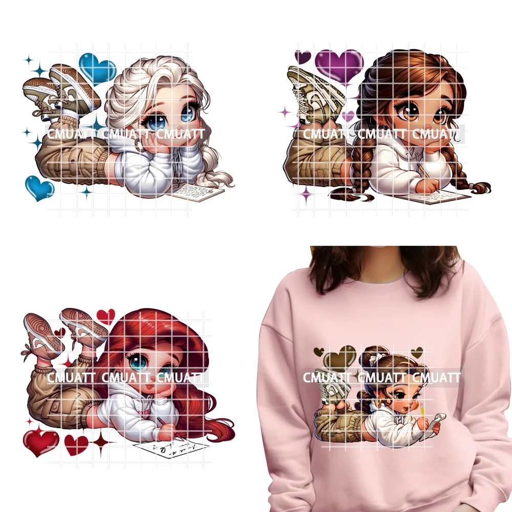 

Cute School Princess Character Cartoon Girls Reading Love Printing Iron on DTF Transfers Stickers Ready to Press for Clothes