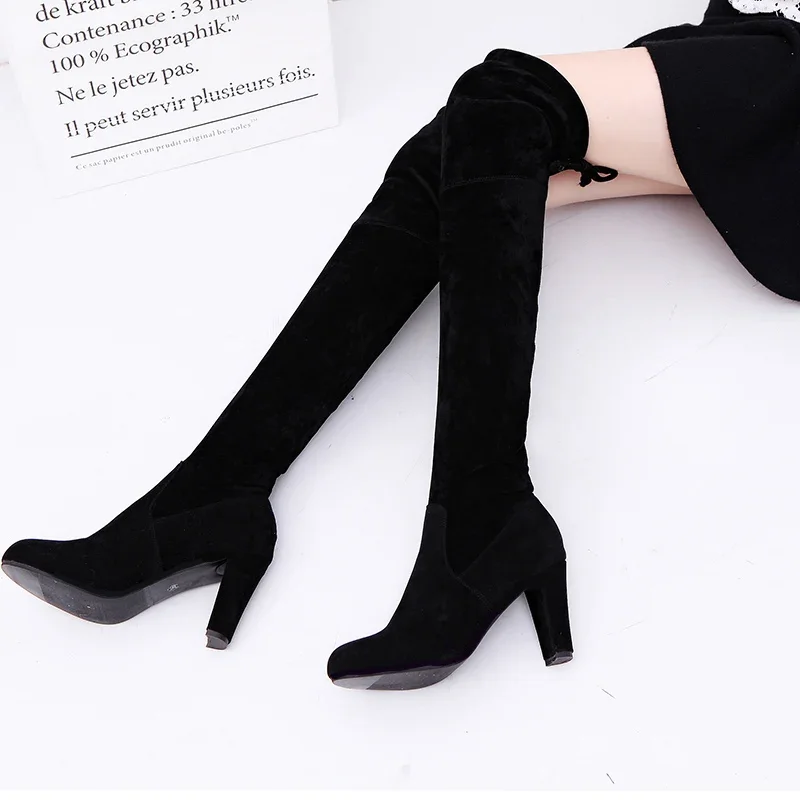 

Women Long Boots Sexy High Heels Suede Lace Up Over The Knee Boots Autumn Winter Warm Shoes Female Slim Thigh High Boots Party