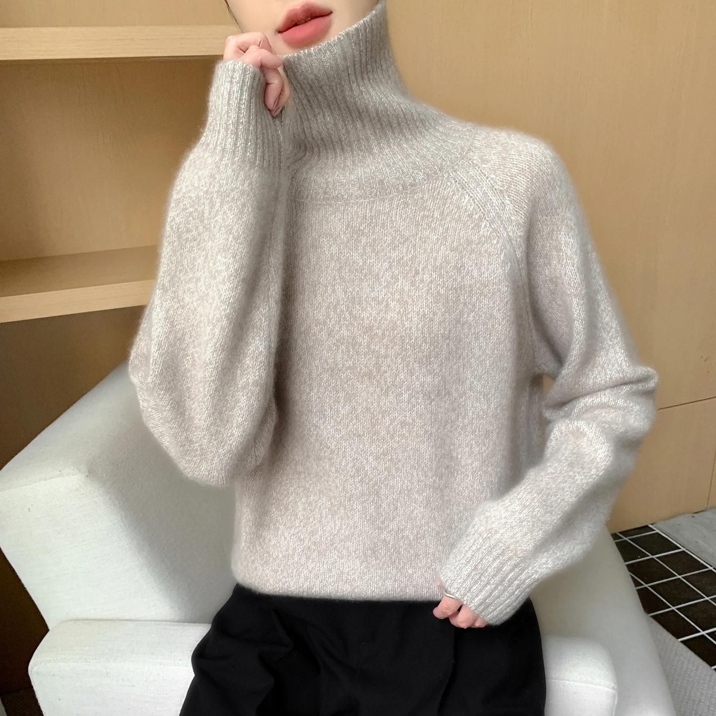 

Thick up! Flower yarn cashmere sweater, high neck sweater, double stranded wool sweater, undershirt, undershirt, raglan sleeves,