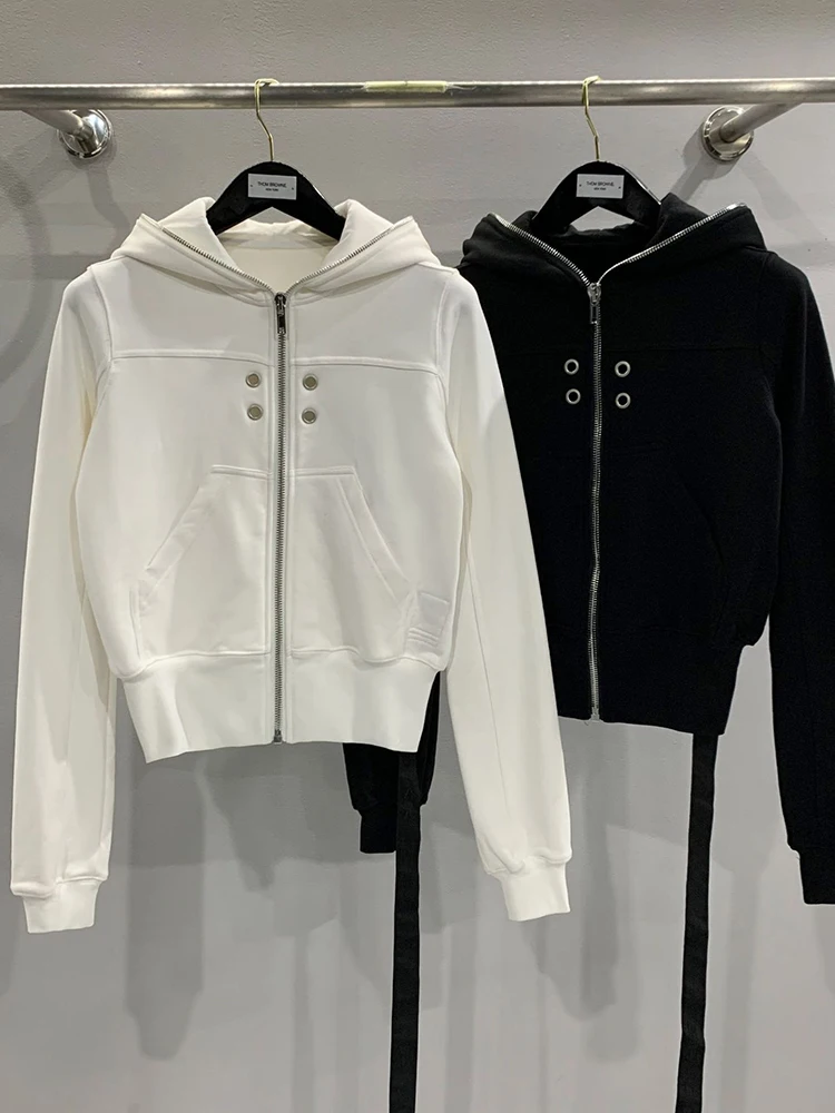 [ZOCI] Women Edition 2023 New Product: Cockpit Decoration, Perforated Hoodie, Short Long Sleeve, Black Hoodie Coat Fashion