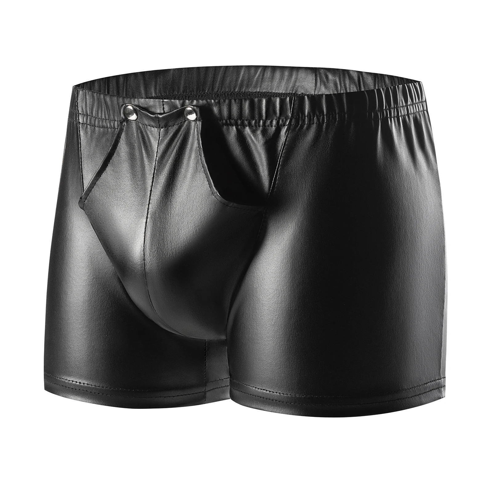 Mens Sexy Button Open Crotch Boxer Soft Matte Leather Short Pants Fetish Lingerie Crotchless Male Hot Porn Bottom Bulge Pouch