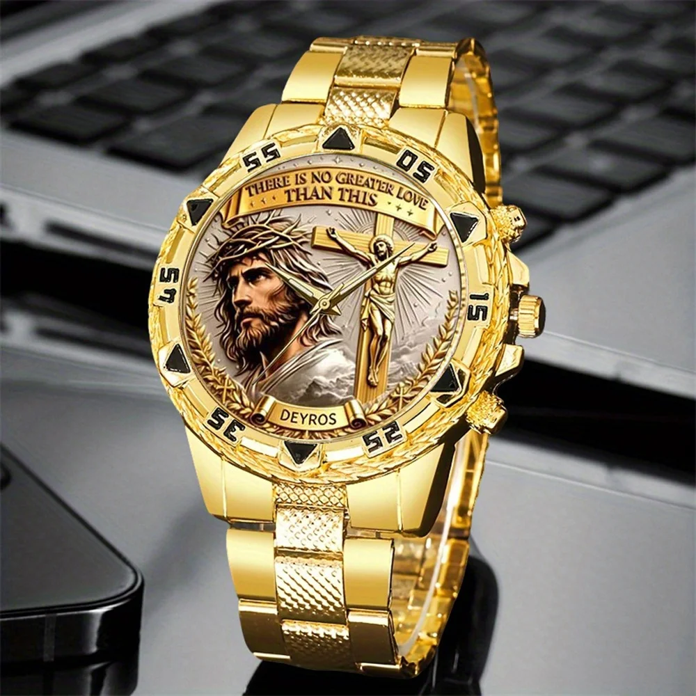 Men's 4 In 1 Watch Jewelry Set Stainless Steel Strap Quartz Watch + Necklace+Bracelet+Ring Business Casual Gift
