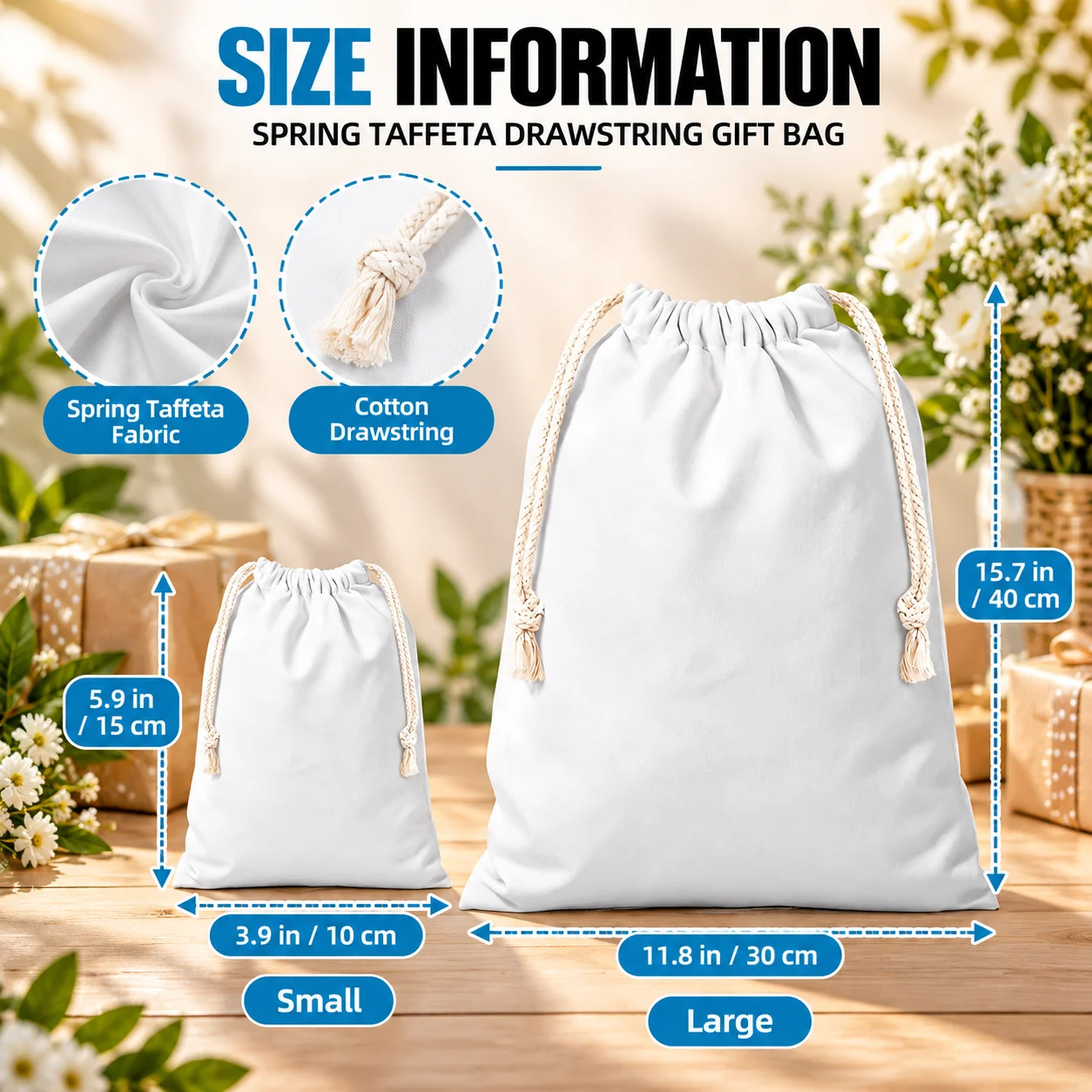 Customizable Spring Taffeta Gift Bags with Cotton Drawstring Closure, Personalized Printing for Gifts, Events, Shopping and More
