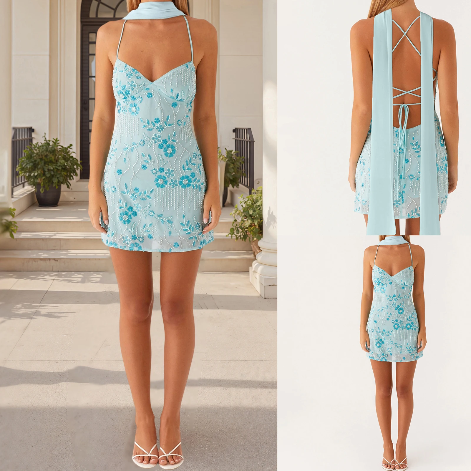 Women y2k Fairy Sequin Cami Mini Dress Sparkle Rhinestone Floral Embroidery Spaghetti Strap Sleeveless Bodycon Dress with Scarf