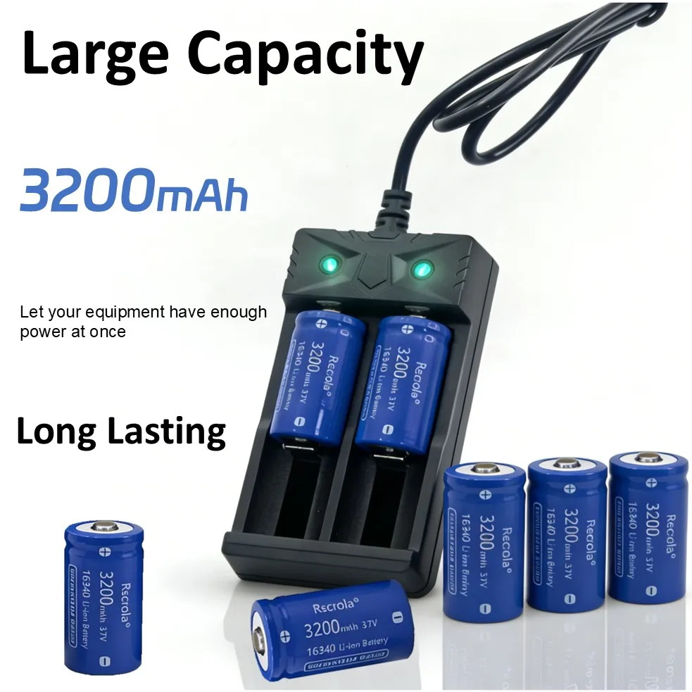 Universal 16340/CR123A Rechargeable Battery, 3200mAh 3.7V Li-ion Batteries with Charger, Power for Headlamp,Arlo,Security Camera