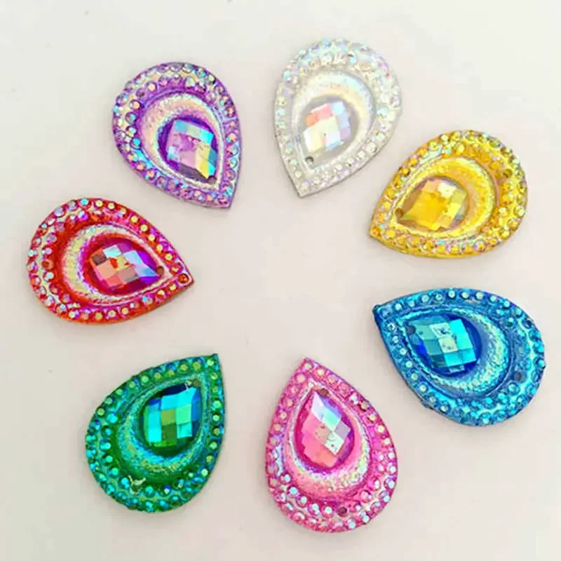 DIY 40pcs AB resin peacock eye drop shaped rhinestone wedding decoration 2 hole resin drill -B25