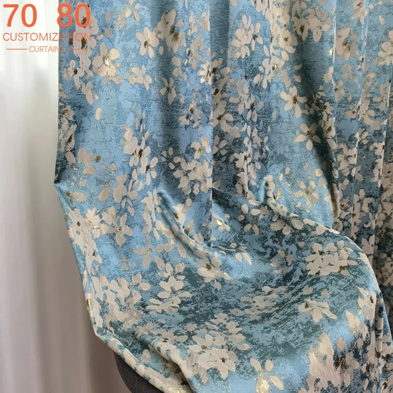 New American Gold Wire Jacquard Blue Oil Painting Curtains for Living Room Bedroom Partition Curtains Customized Villa