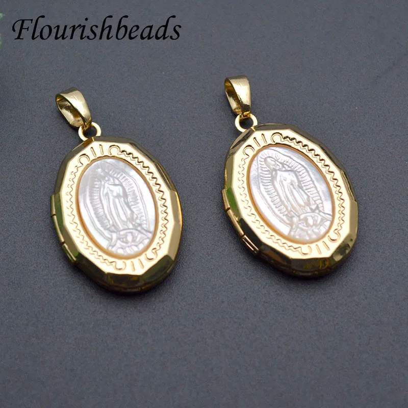 Mother of Pearl MOP Beliefs Virgin Mary Christ Jesus Shape Can Be Opened Pendant for DIY Locket Necklace Jewelry Gift