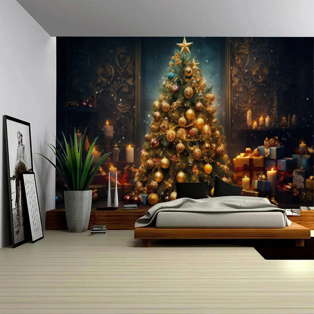 Golden Christmas Tree Scene Tapestry Christmas Gift Festival Atmosphere Home Decoration Wall Hanging Background Cloth