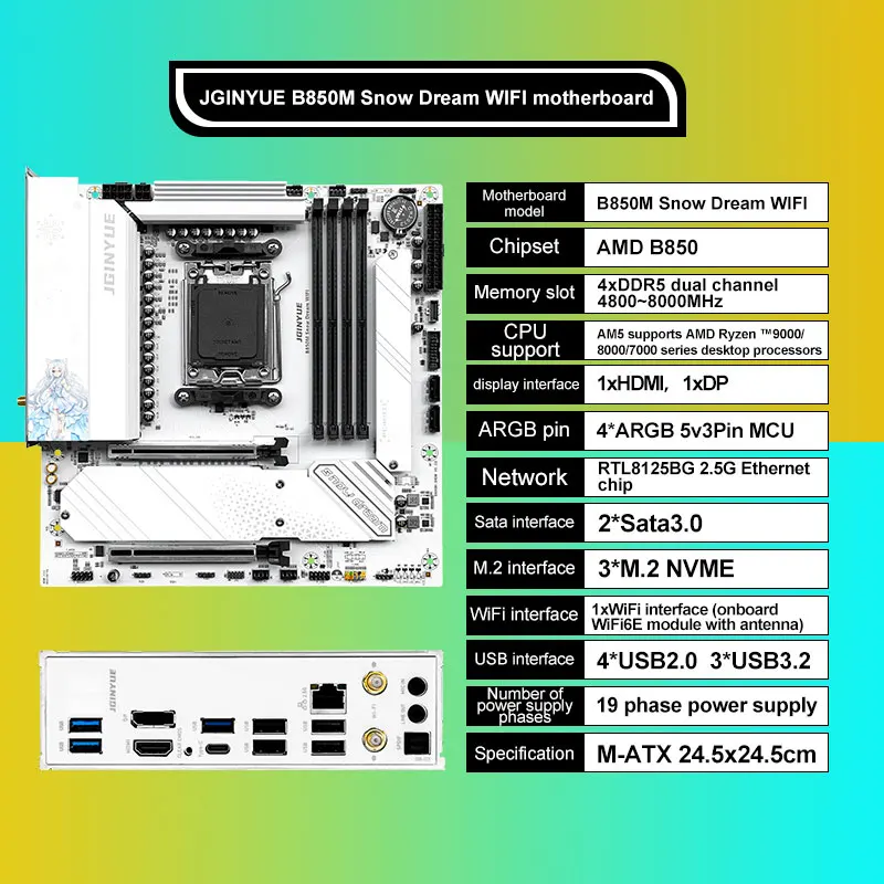 JGINYUE B850M Snow Dream WIFI/B850M PRO Gaming PC Motherboard 2*Sata 3.0 M-ATX 3*M.2 NVME  DDR5 Dual Channel AMD850 Chipest