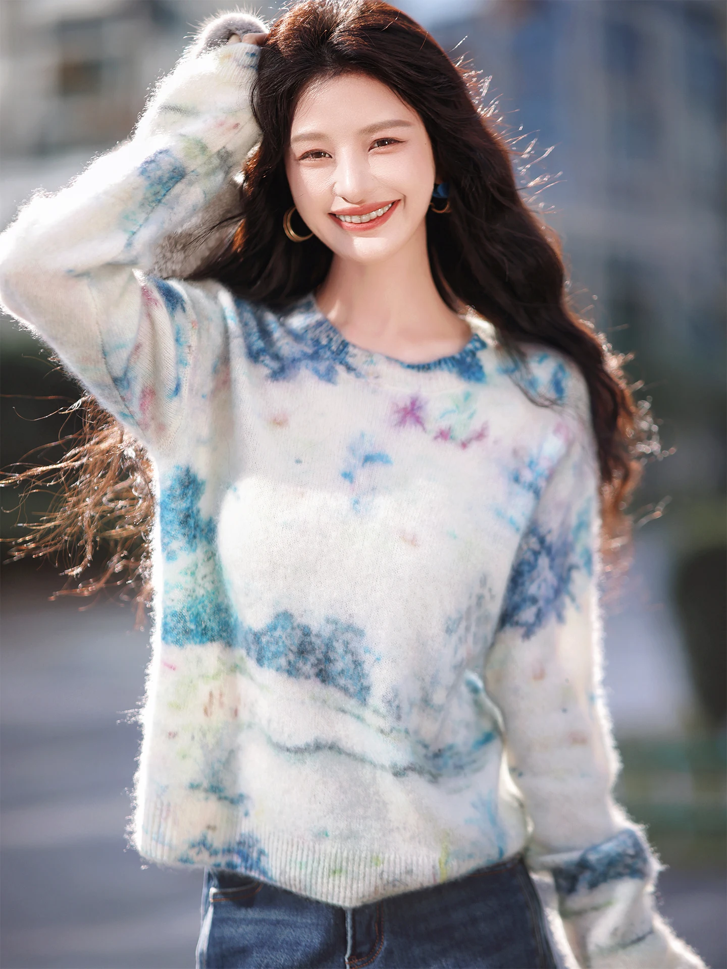 

ZhaodaXi Camere Fce Sweater 00% Soft Skin-friendly adient Color Print Knitted Long Sve round Ne Casual Sle