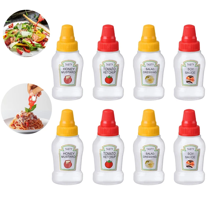 4/8 Uds Mini botellas exprimibles para condimentos 25ml miel/Ketchup/salsa de soja/dispensadores de aderezo salada fiambrera contenedores exprimibles frascos