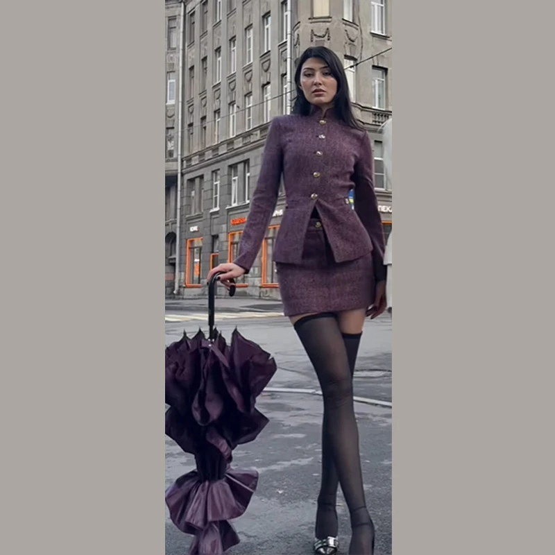 Vintage texturizado saia de duas peças terno elegante botão cintura cinching gola alta superior com mini saias feminino outono clássico conjunto