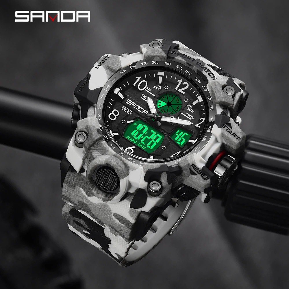 SANDA Sports Military Mens Watch Camouflage LED Digital Watch Outdoor Electron Male Wristwatch Dual Display Quartz Men Clock