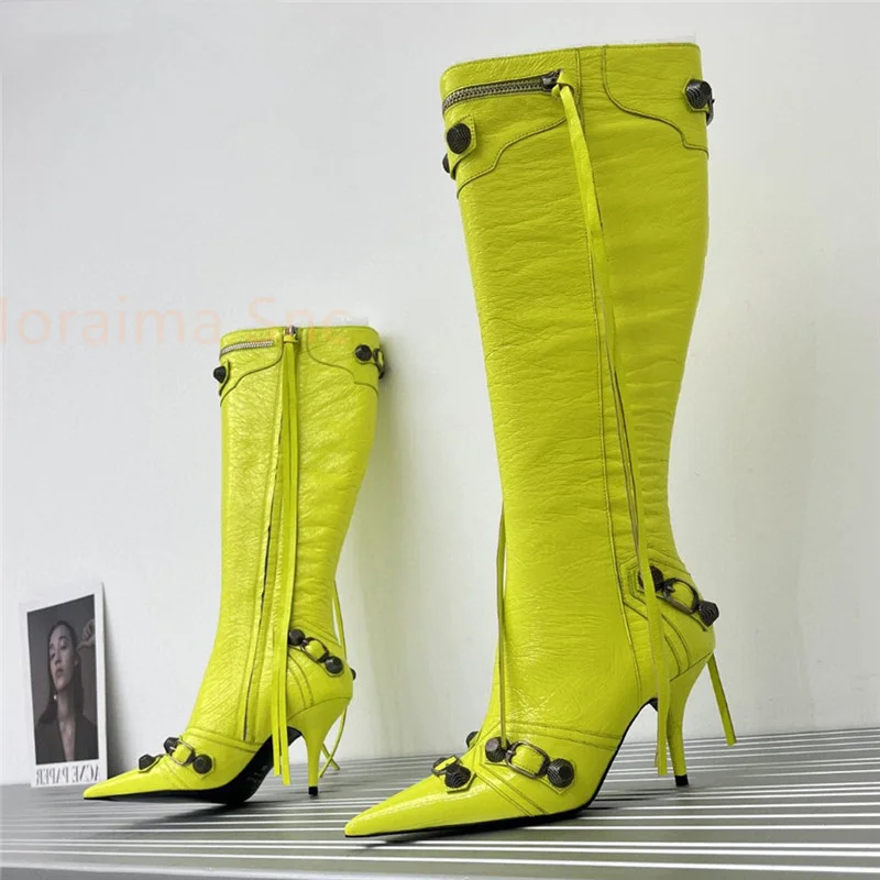 

Metal Rivets Thin High Heel Long Boots Punk Winter Women Sexy Pointed Toe Solid Stiletto Shoes Knee High Boots Tassels Zipper