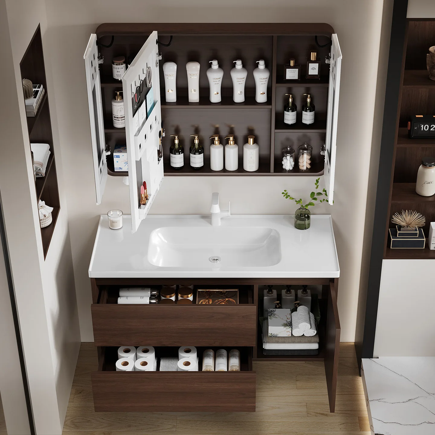Medieval Walnut Bathroom Cabinet Ceramic Integrated Basin, Drawer Solid Wood Multi-layer Bathroom Cabinet Hand Wash Basin Combin