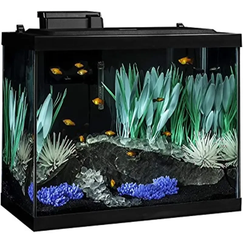 20 Gallon Small Glass Fish Tank Kit with LED Lighting Decorative Aquarium for Home Office Desktop Setup Complete Starter Set