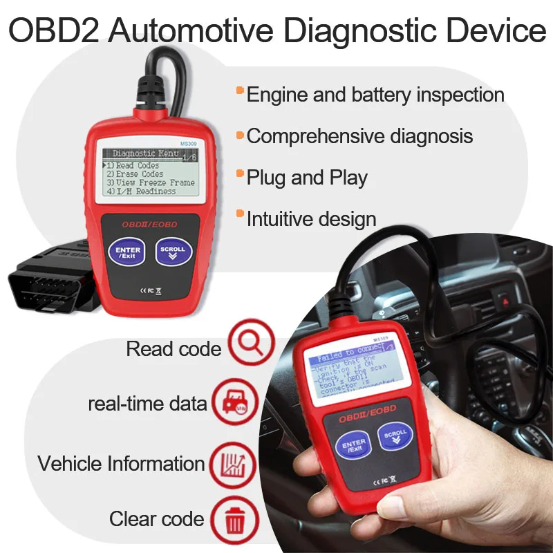 الماسح الضوئي التشخيصي OBD2 المدمج لفحص المحرك والبطارية، والبيانات في الوقت الحقيقي، وبطاقة قراءة رمز السيارة متعددة اللغات #1