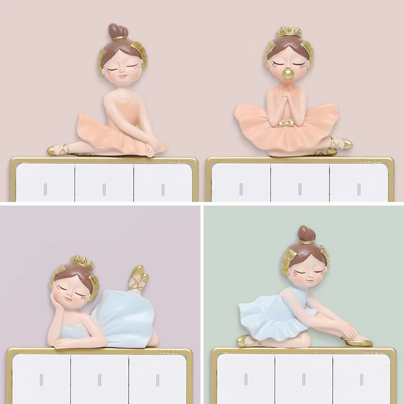 Ballet Meisje Hars Schakelaar Sticker Nordic Woondecoratie Miniatuur Beeldje Licht Socket 3D Muurstickers Ornament Decals