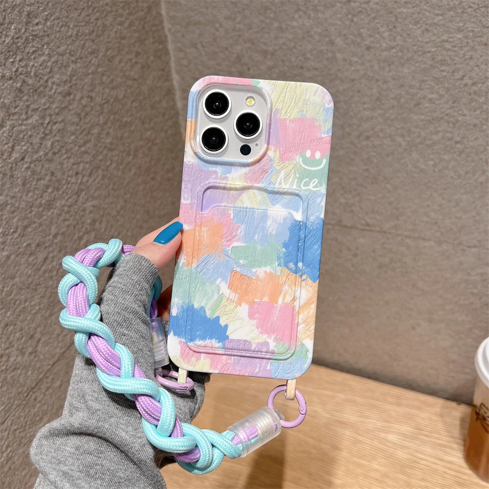 Watercolor Painting Pattern Phone Case for IPhone 15 14 Plus 12 13 Pro Max Card Slot Holder Wallet Wrist Strap Soft TPU Cover