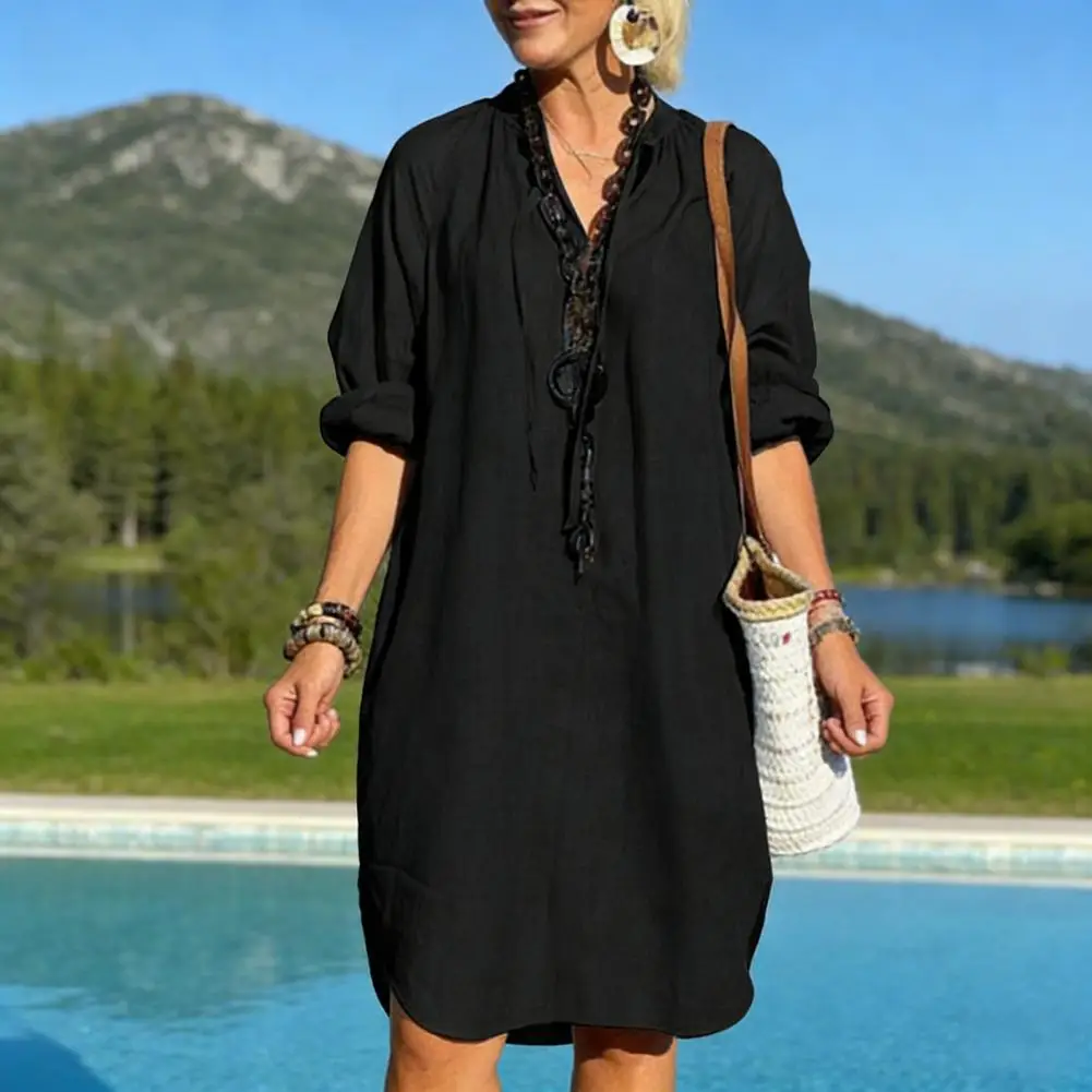 

Женское хлопково-льняное платье в стиле бохо, пляжный сарафан, летнее платье с длинным рукавом, V-образным вырезом, свободного кроя