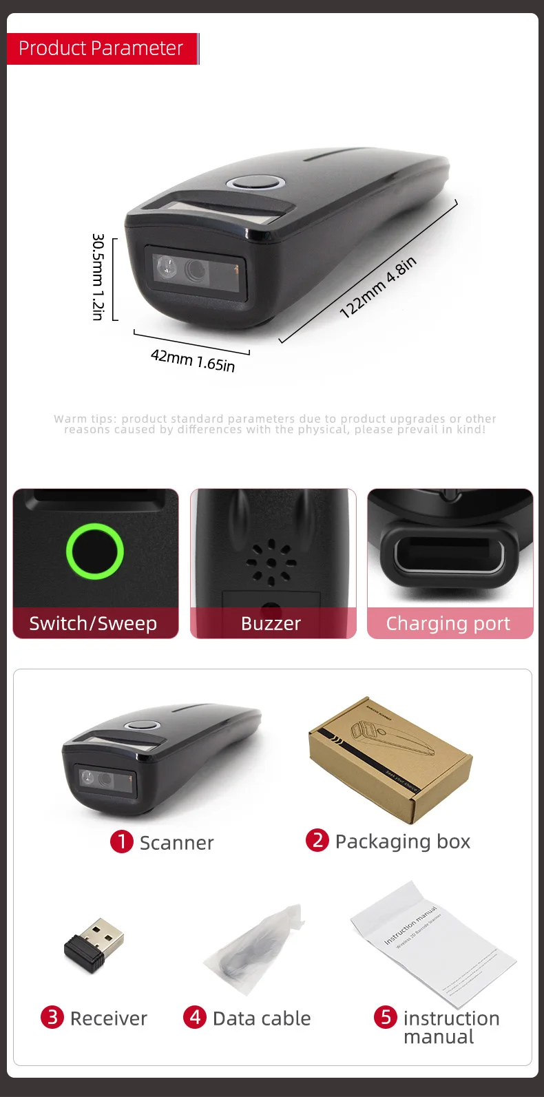 2D Barcodescanner Mini Draadloze Bluetooth Handheld Draagbare 1D 2D QR Code Data Matrix PDF417 Reader Met Opslagfunctie
