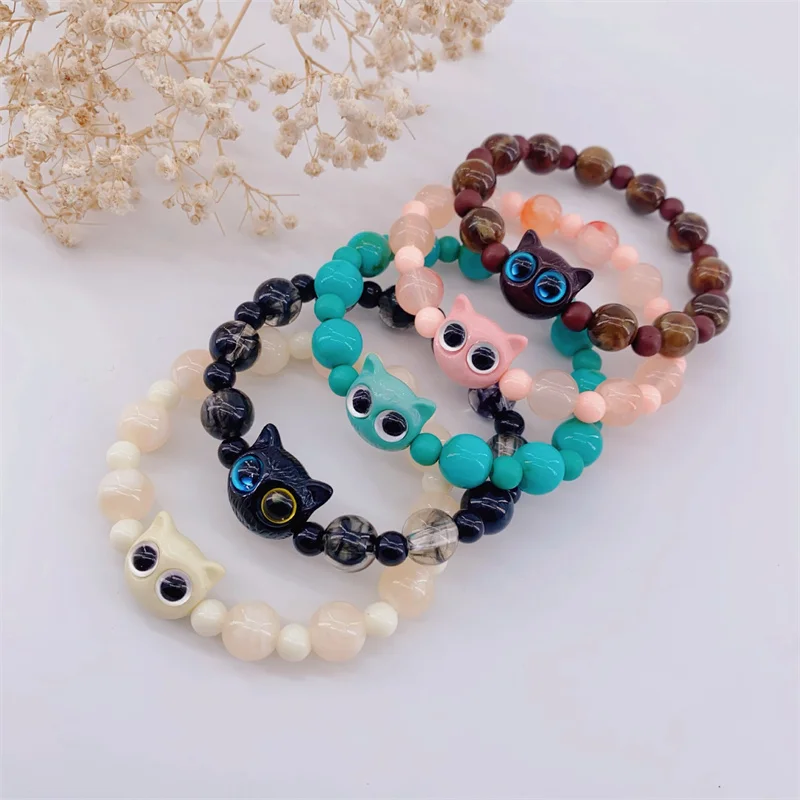 2PCS Cute Big Eye Cat Beaded Couple Bracelet for Women Men Fashion Funny Cartoon Animal Elastic Bracelet Valentine's Jewelry