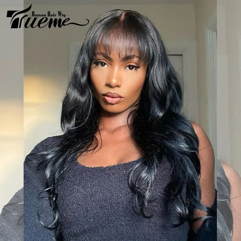 Trueme 180D Body Wave Human Hair Wig With Bangs Ombre Blue Pink Purple Brazilian Human Hair Wigs For Women Wear To Go Wig