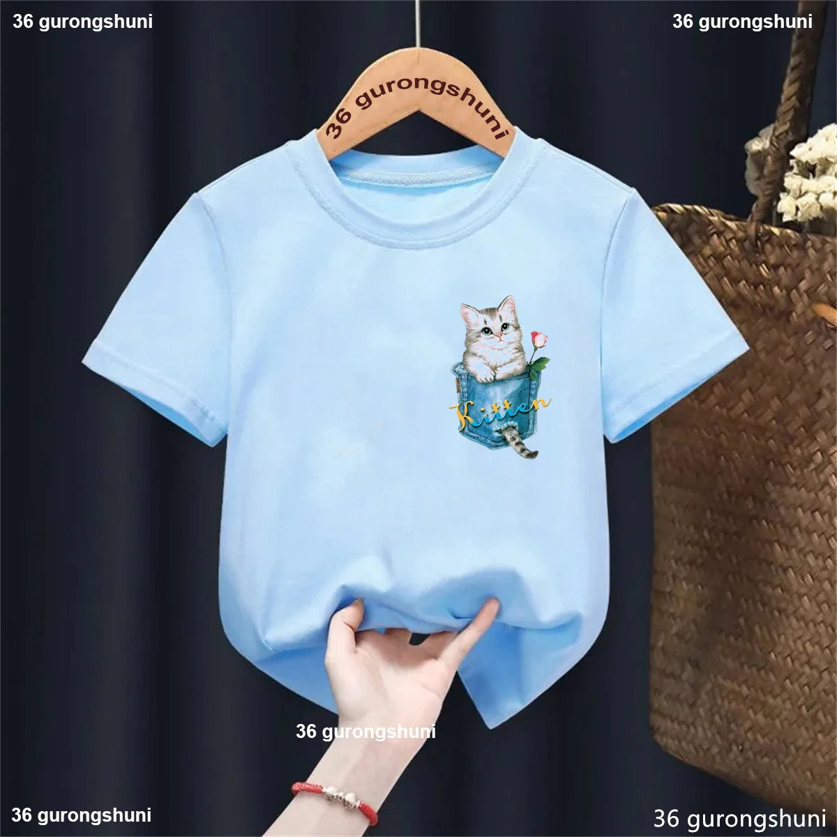 

Cat Pocket Printed Tshirt Girls/Boys Funny Kawaii Kids Clothes Fashion Short Sleeve T Shirt 3-13 Years Solid T-Shirt Tops