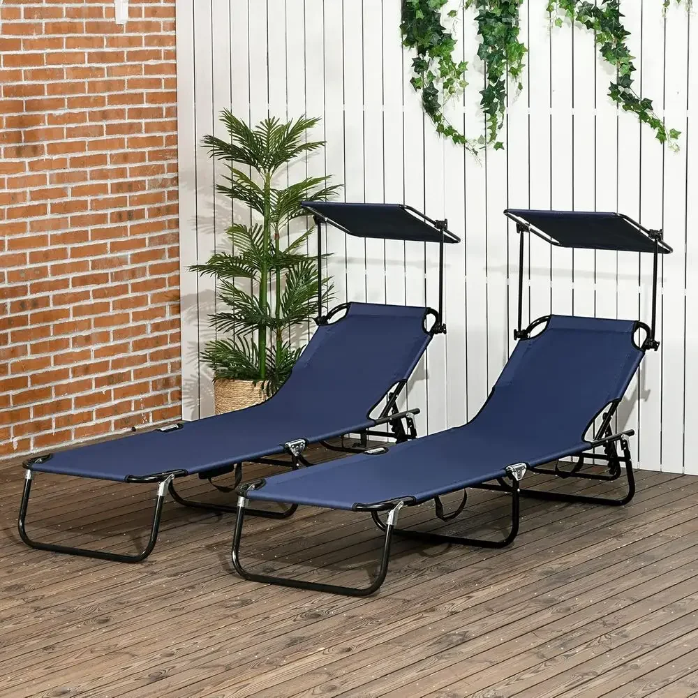 Outdoor 2-Piece Chaise Lounge Set with Shade, Reclining Backrest, Steel Frame for Sunbathing, Suitable for Patio, Yard, or Beach