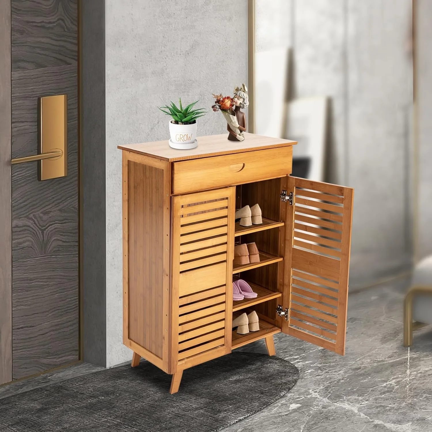 

Bamboo Shoe Storage Cabinet 4 Tiers Shoe Rack with Doors, Enclosed Shoe Cabinet, Free Standing Shoe Cabinet for Porches Entryway
