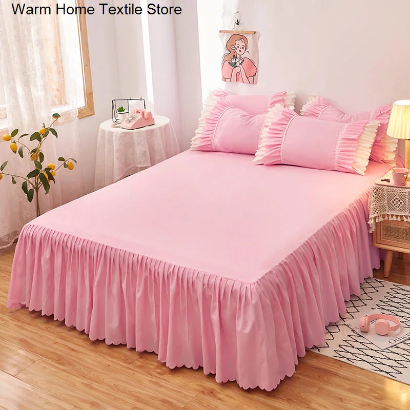 1pc Plain Dyed Bed Skirt With Elastic Pink Solid Color Girl Woman Princess Bed Sheet Ruffles(Pillowcase Need Order)