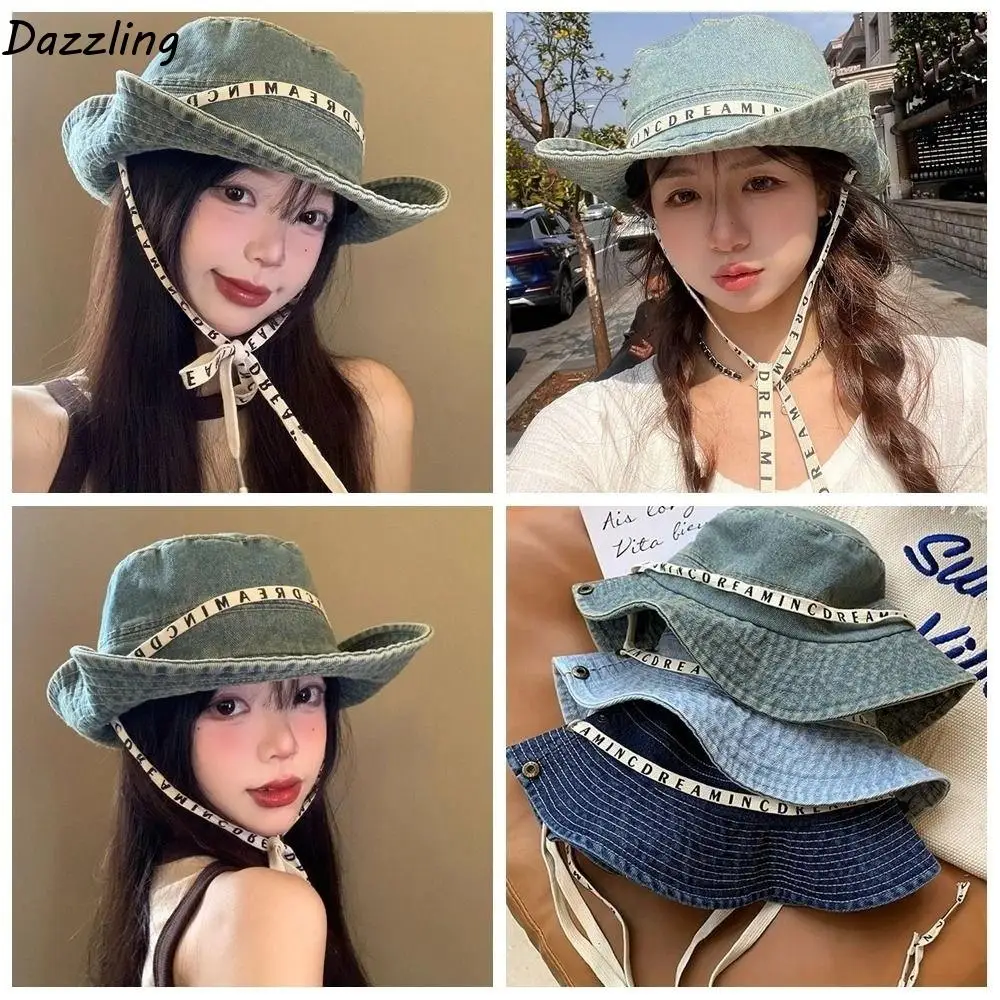 

Sweet Big Brimmed Denim Bucket Hat Letter Wide Wings Jeans Fisherman Hat With Tie Belt UV Protection Sunscreen Hat Women