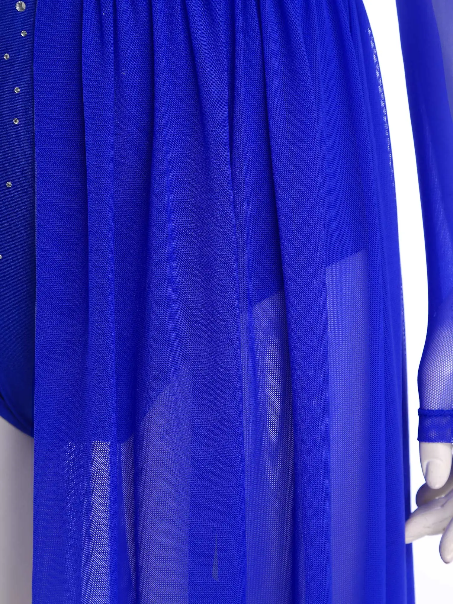 فستان رقص غنائي من حجر الراين اللامع للسيدات، فساتين يوتار الجمباز بأكمام طويلة وفتحة بدون ظهر