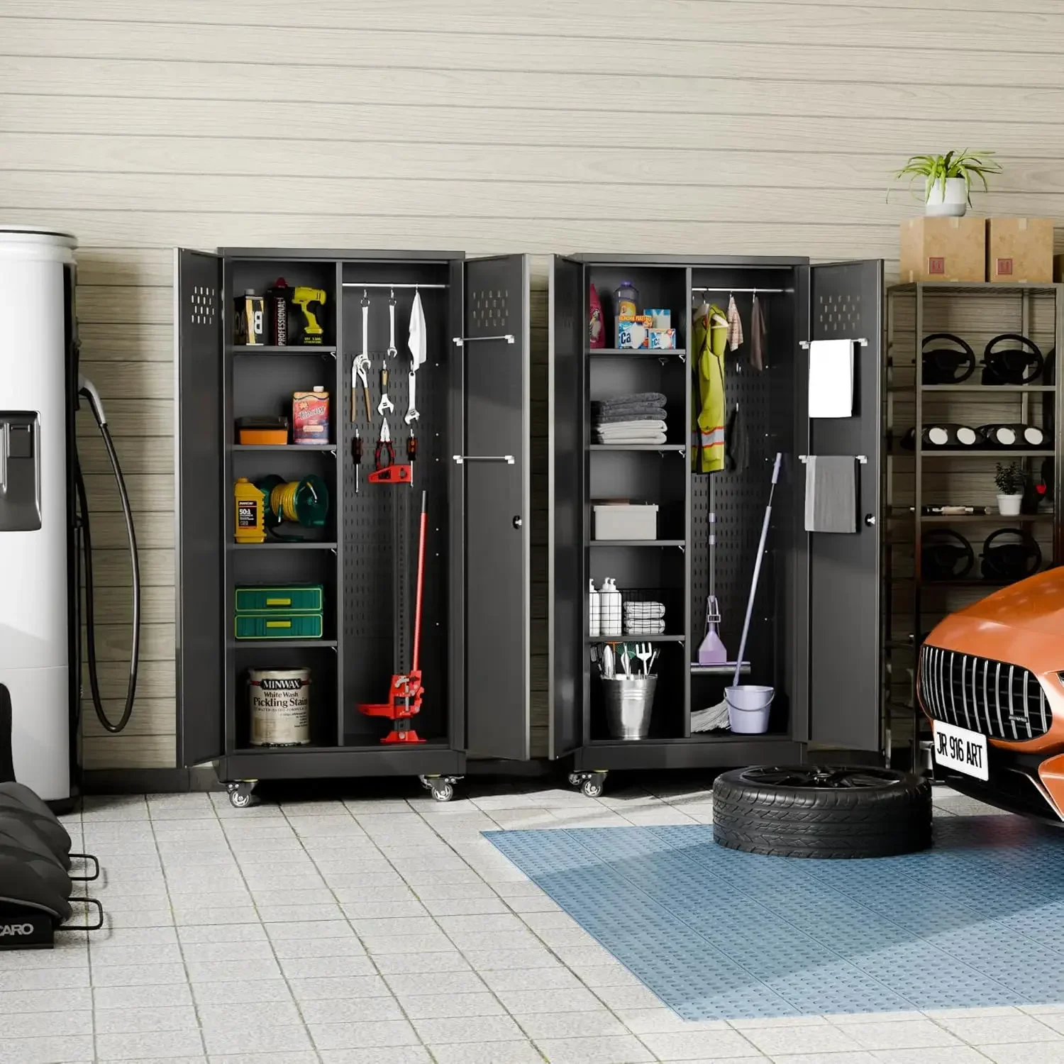 Garage Storage Cabinet, Metal Storage Cabinet with Lockable Doors and 4 Adjustable Shelves, Tool Cabinet with Wheels