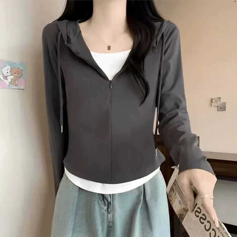 Fashion Fake Two Pieces Long Sleeve T-Shirts Women Contrast Patchwork Hooded Sweatershirts Autumn Casual Running Sport Hoodies